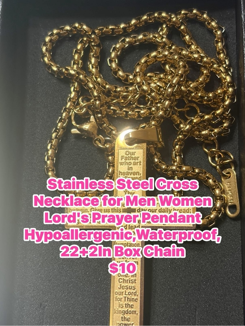 Gold Stainless Steel Cross Pendant Necklace with Lord's Prayer - Unbranded